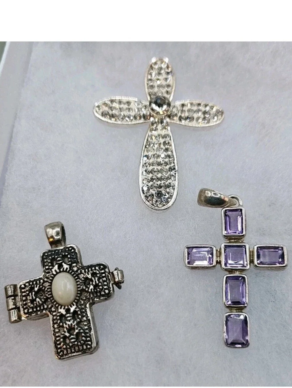 Vintage Cross Locket Amethyst Sterling Cross Pendant Rhinestone Cross Brooch LC